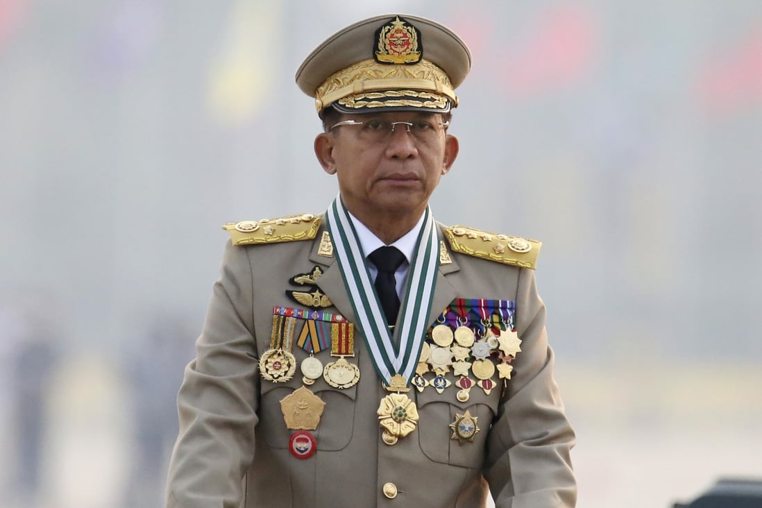 Myanmar’s Commander-in-Chief Senior General Min Aung Hlaing presides over an army parade on Armed Forces Day in Naypyitaw in March 2021. Photo: AP