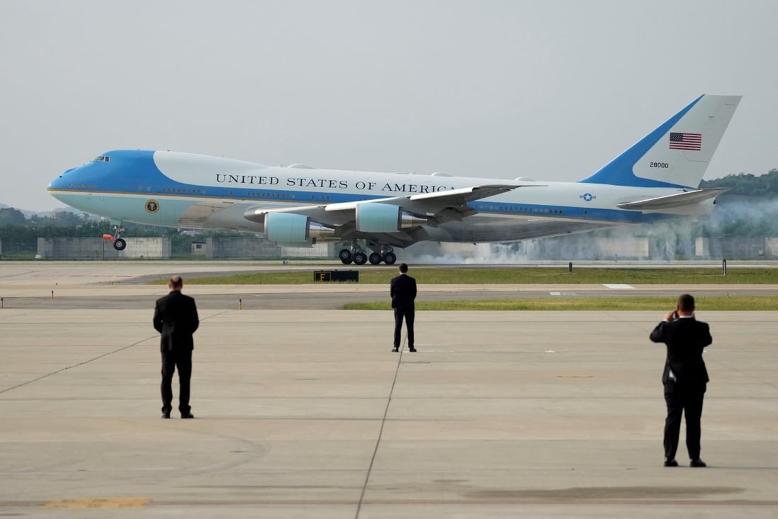 Air Force One with US President Joe Biden onboard arrives at the Osan Air Base in Pyeongtaek, South Korea on Friday. Photo: Reuters