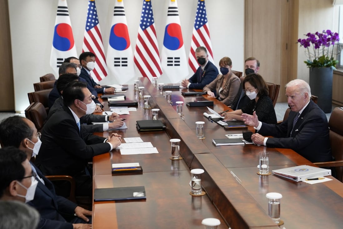 US President Joe Biden (right) speaks during a meeting with South Korean President Yoon Suk-yeol at the People’s House inside the Ministry of National Defence in Seoul on May 21. Photo: AP
