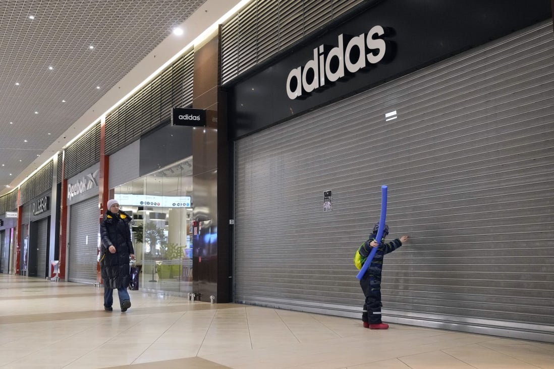 Closed Adidas, Reebok and other shops in a mall in St Petersburg, Russia. File photo: AP