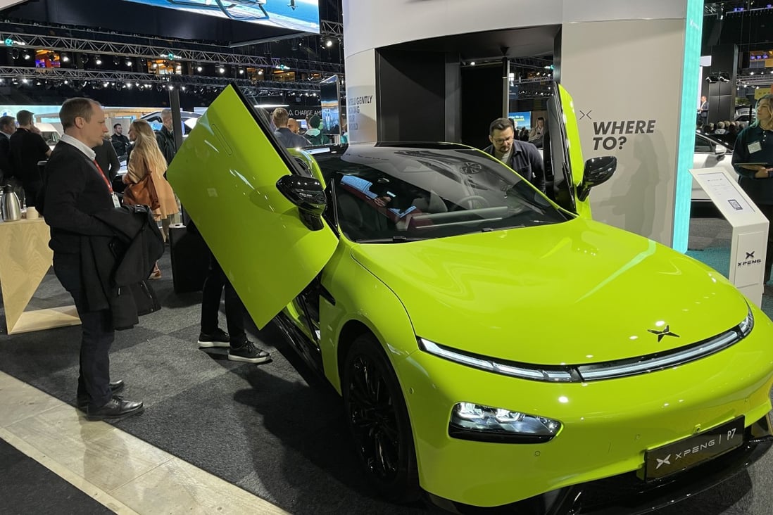 An Xpeng EV is displayed during the Swedish eCarExpo 2022 in Stockholm on April 29. Xpeng says its deliveries for the quarter ending on March 31 reached 34,561 cars. Photo: Xinhua