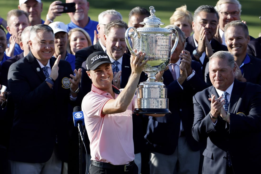 Justin Thomas raises the Wanamaker Trophy after winning PGA Championship. Photo: EPA-EFE