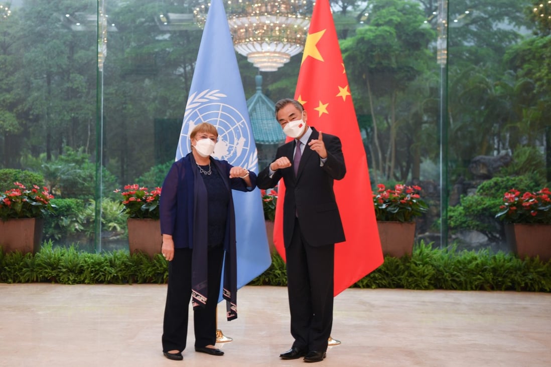 United Nations High Commissioner for Human Rights Michelle Bachelet with Chinese Foreign Minister Wang Yi in Guangzhou, southern China’ on Monday. Photo: Xinhua