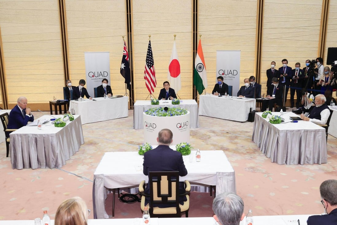 Clockwise from left: US President Joe Biden, Japanese Prime Minister Fumio Kishida, Indian Prime Minister Narendra Modi and Australian Prime Minister Anthony Albanese attend the Quad summit on Tuesday. Photo: Kyodo