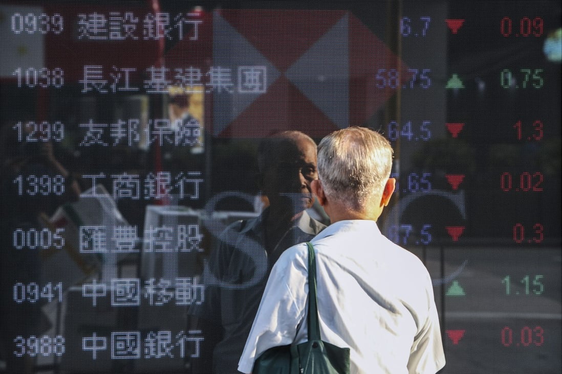 An elderly looks at the electronic screen displaying stock prices outside a bank in Hong Kong. Photo: Winson Wong