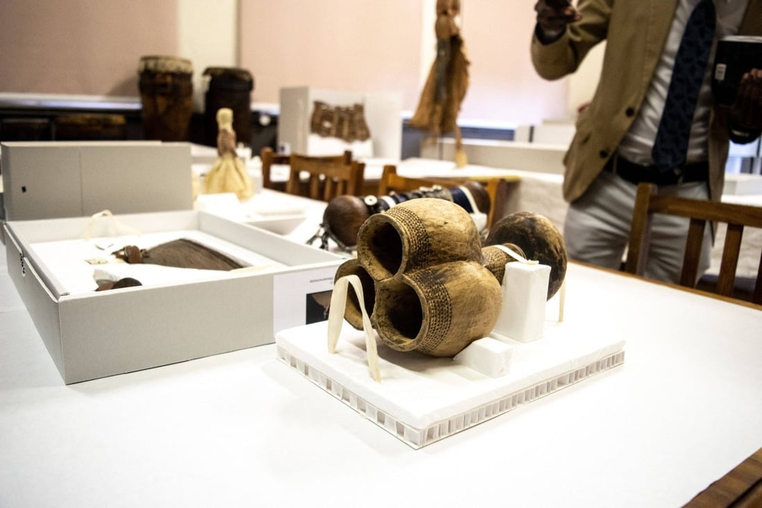 Some of the ancient pieces returned from Germany displayed at the Independence Museum of Namibia in Windhoek on Monday. Photo: AFP