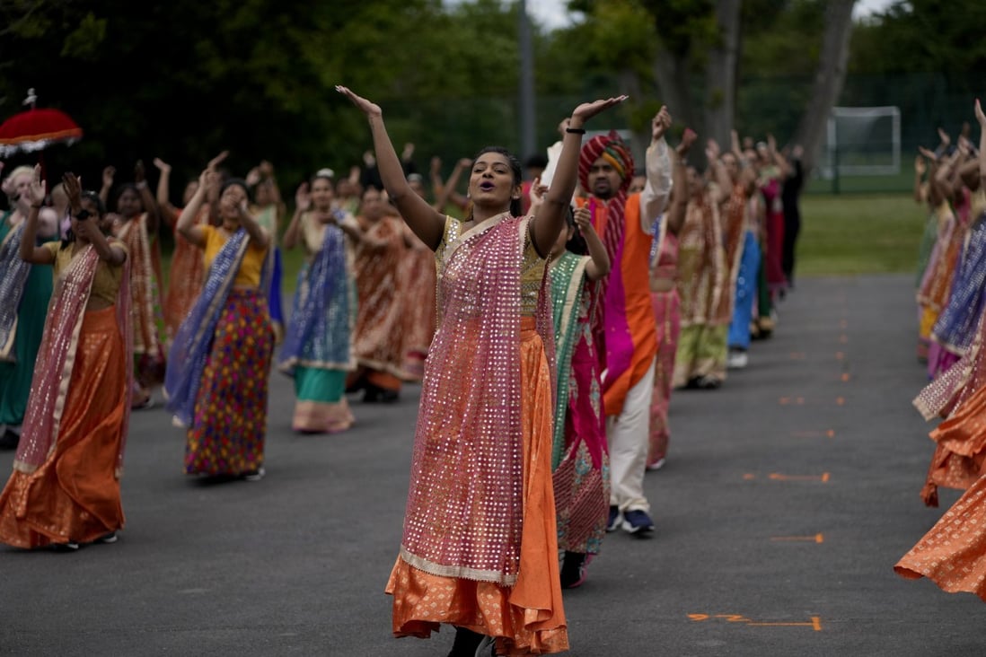 Performers rehearsing their Bollywood-style performance for the upcoming Platinum Jubilee pageant in London. Photo: AP