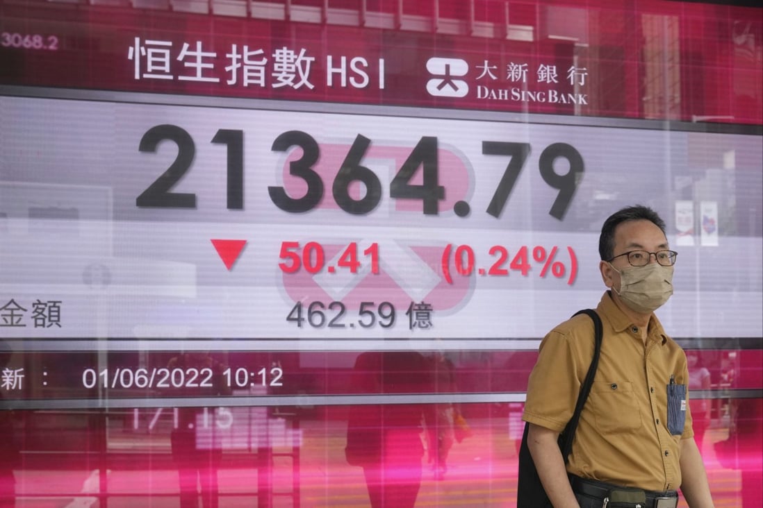 An electronic board shows the Hong Kong share index in Hong Kong on Wednesday, June 1. The Hang Seng Index slid 0.6 per cent to 21,294.94 for the day. The Hang Seng Tech Index lost 1.1 per cent. Photo: AP