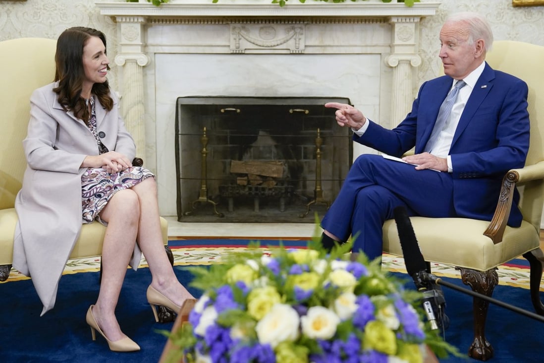 US President Joe Biden and New Zealand PM Jacinda Ardern in the Oval Office in Washington on Tuesday. Photo: AP