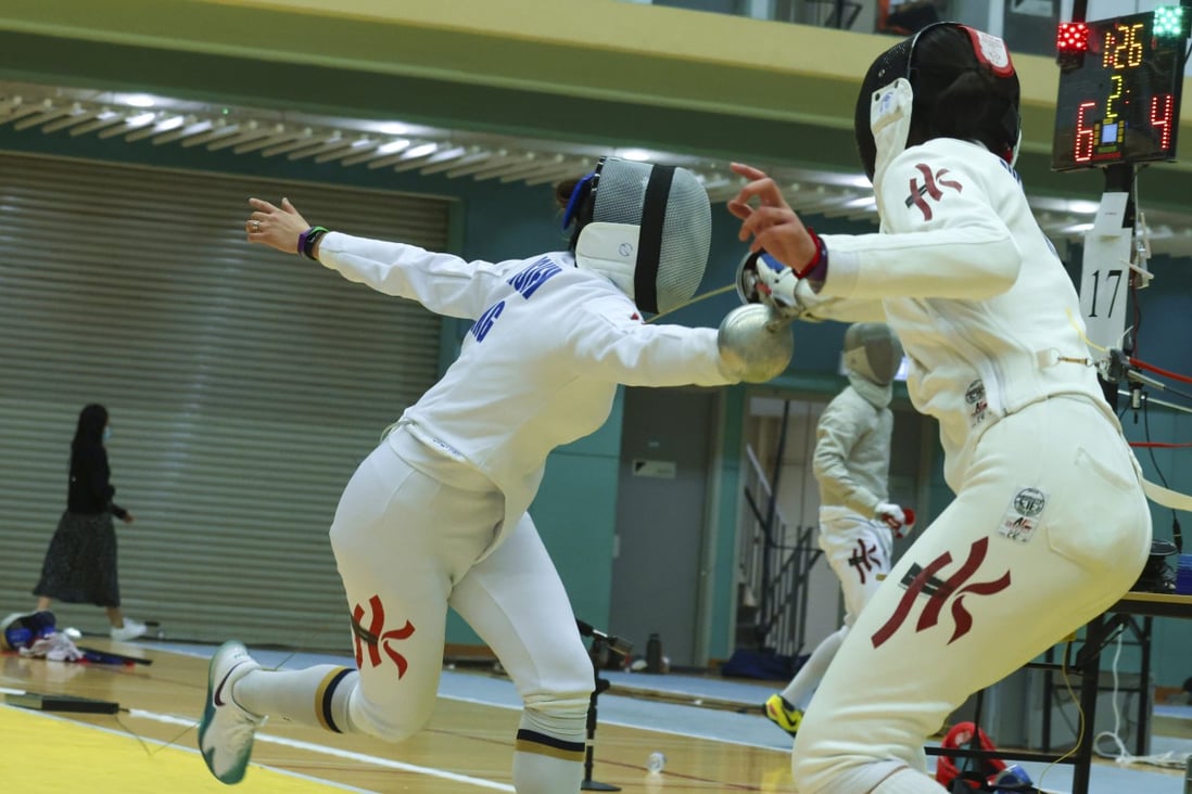 Kaylin Hsieh (left) and Chen Hailin in action during their last 16 bout at the President’s Cup Fencing Championships. Photo: Nora Tam