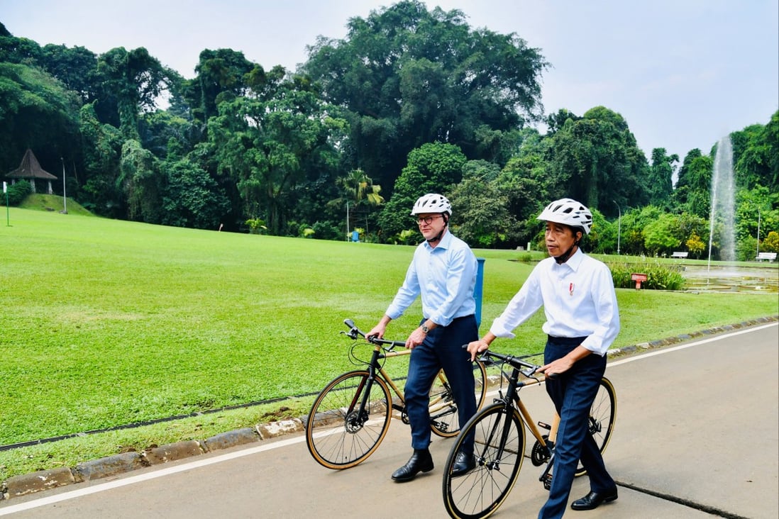 Australian Prime Minister Anthony Albanese and Indonesian President Joko Widodo with bamboo bicycles after a ride in Bogor, Indonesia,  on Monday. Photo: Handout via Reuters