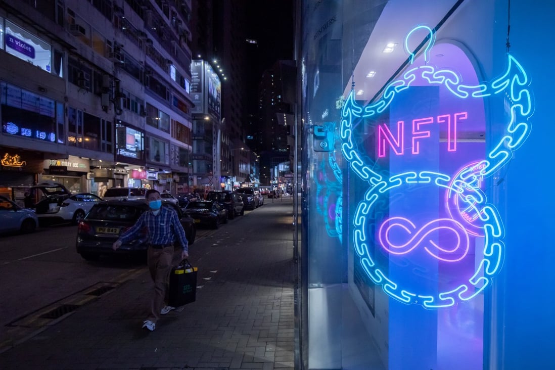 An illuminated neon sign of an NFT displayed in Hong Kong. The city’s securities watchdog said that NFTs that represent investment schemes will need to obtain a licence. Photo: Bloomberg