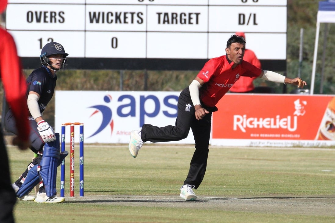 Eshan Khan bowls against Namibia during Hong Kong’s first unofficial ODI at the United Cricket Club Ground in Windhoek, Namibia, on June 5, 2022. Photo: Twitter/@NamU19CWC