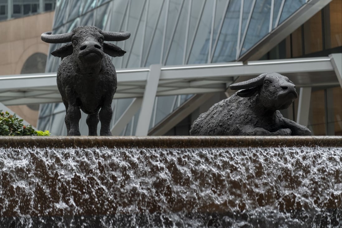 Bronze bulls outside the Hong Kong Stock Exchange at Exchange Square in Hong Kong’s Central district, pictured in May 2019. Photo: SCMP/ Warton Li