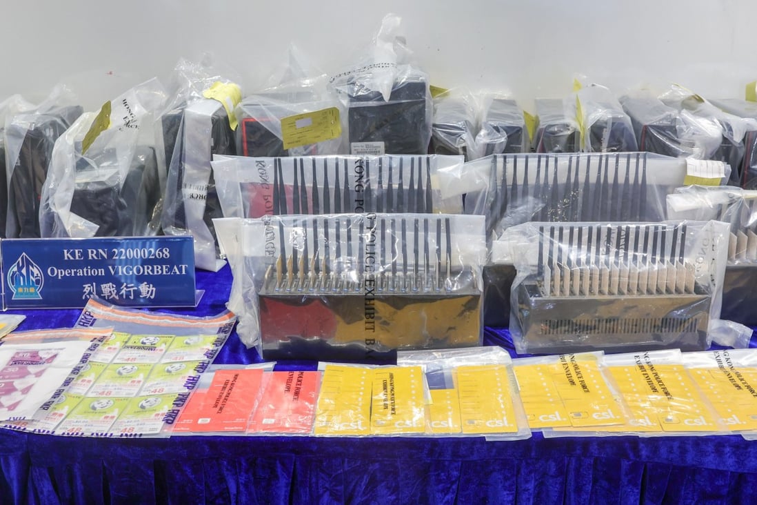 Police display some of the items seized during the operation at Kowloon East regional headquarters. Photo: Edmond So