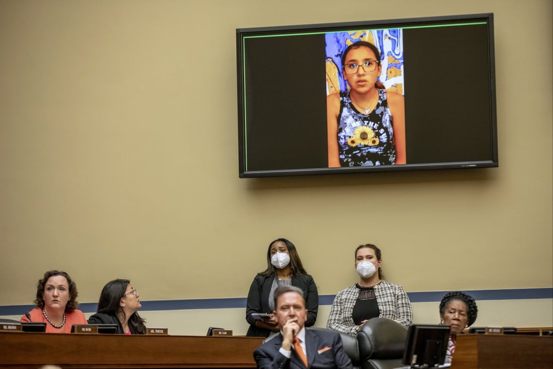 Student Miah Cerrillo, a survivor of the Uvalde, Texas, school shooting, appears on a screen during a House Committee on Oversight and Reform hearing on gun violence in Washington on Wednesday. Photo: The New York Times via AP