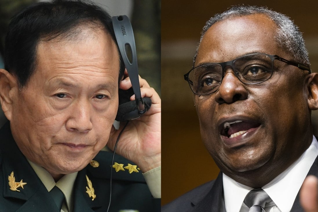 Chinese Defence Minister General Wei Fenghe and his US counterpart Lloyd Austin held talks in Singapore on Friday. Photos: AP, Getty Images

