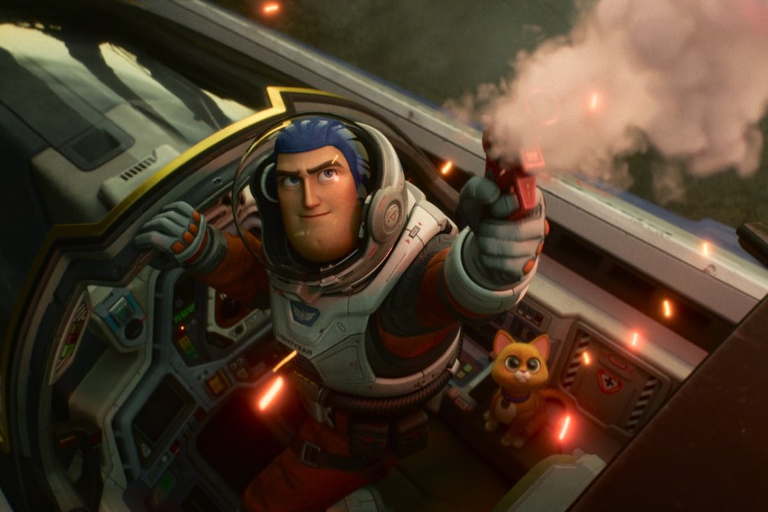Buzz Lightyear (voiced by Chris Evans) and robot companion cat Sox (Peter Sohn) in a still from Lightyear (category I), directed by Angus MacLane. Keke Palmer and Taika Waititi co-star. Photo: Disney/Pixar