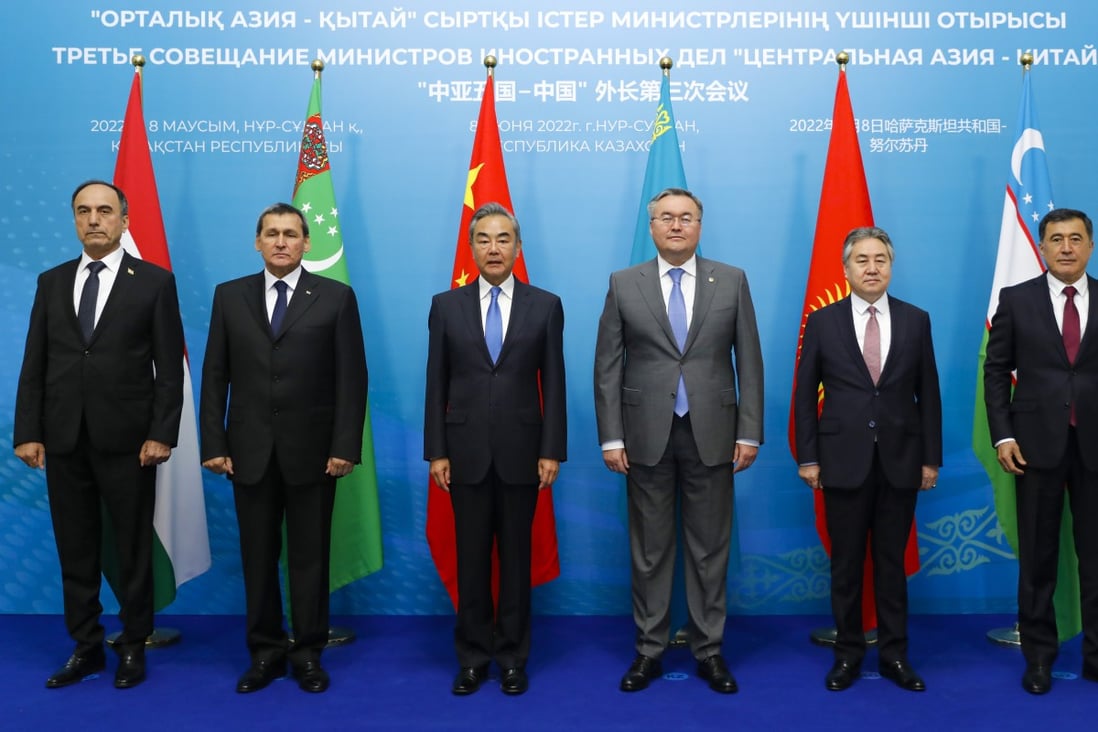Chinese Foreign Minister Wang Yi (third left) at the C+C5 ministers’ meeting in Kazakh capital Nur-Sultan on June 8. Photo: Xinhua