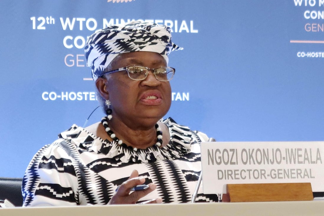 Ngozi Okonjo-Iweala, director-general of the World Trade Organization, speaks at a press conference in Geneva, Switzerland, on Sunday. Photo: Kyodo