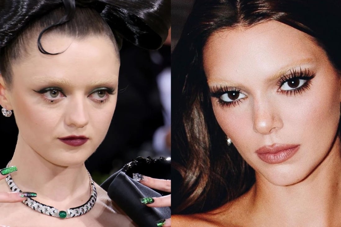 Maisie Williams (left) and Kendall Jenner sporting bleached eyebrows at the 2022 Met Gala in New York. Experts explain the lasting power of the look and how to get them yourself. 
