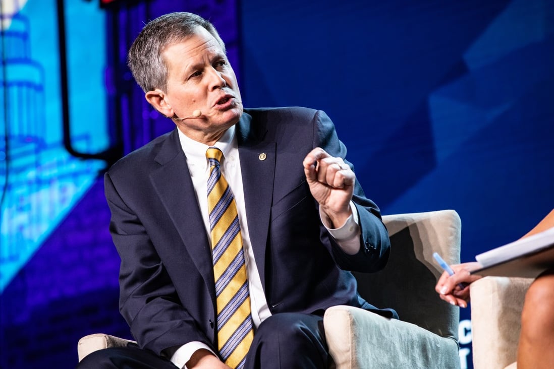 US Senator Steve Daines speaks at a blockchain summit in Washington in May. Daines has questioned whether HSBC was pressured to suspend a top banker over his controversial comments on climate change. Photo: Bloomberg