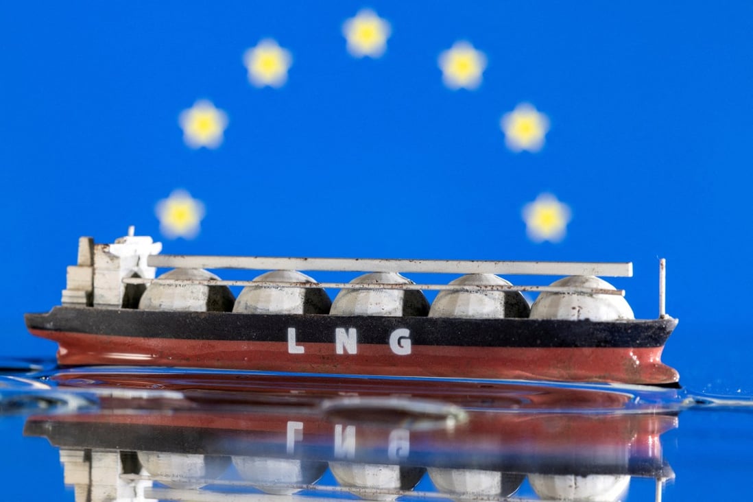 A model of an LNG tanker in front of the EU flag. Europe’s LNG imports are up 50 per cent from the same period last year and aren’t showing any sign of slowing down. Photo: Reuters