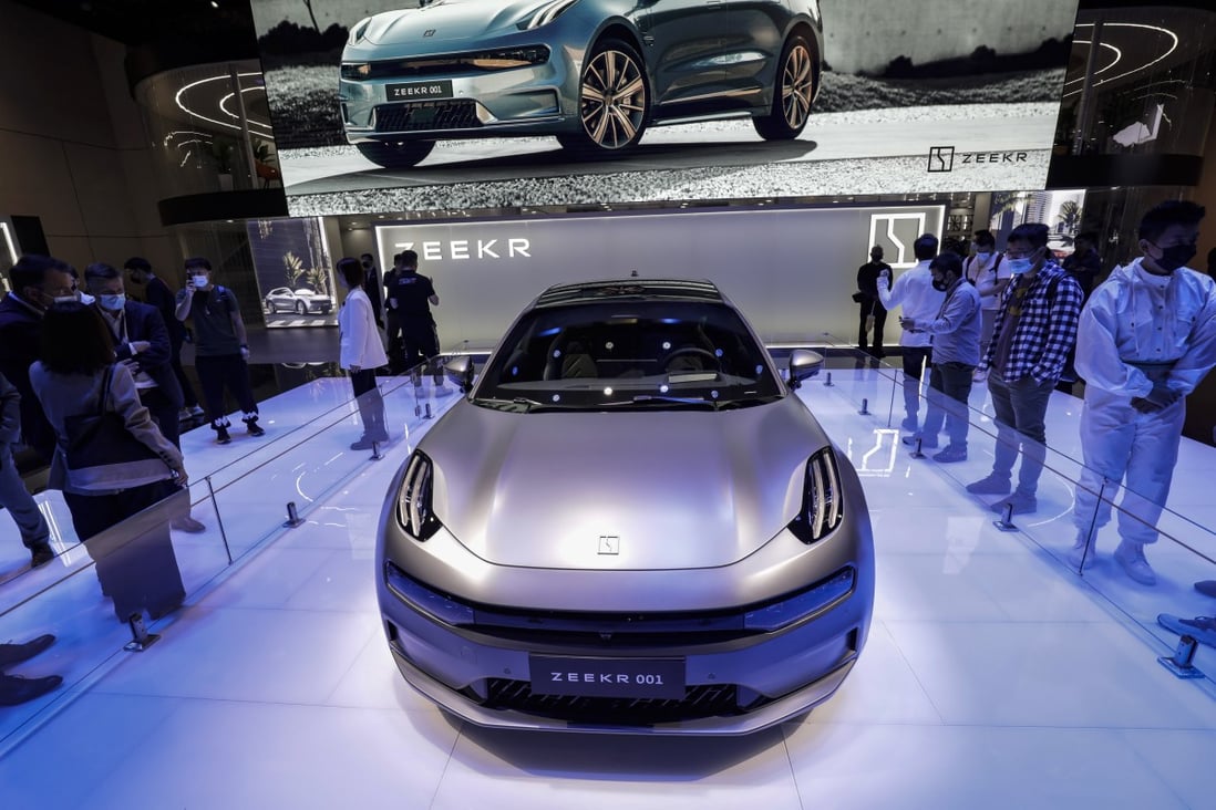 Zhejiang Geely Holding Group’s Zeekr 001 electric vehicle at the Auto Shanghai car show on April 19, 2021. Electric cars have become the new battleground for tech giants and carmakers to offer services through new platforms and ecosystems, leading Geely to acquire flagging smartphone brand Meizu. Photo: Bloomberg