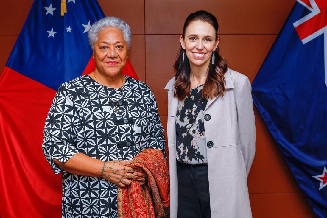 Samoa’s Prime Minister Fiame Naomi Mata’afa, left, and New Zealand Prime Minister Jacinda Ardern pose for a photo before a bilateral meeting in Wellington, New Zealand, on Tuesday, June 14, 2022. Photo: Pool via AP