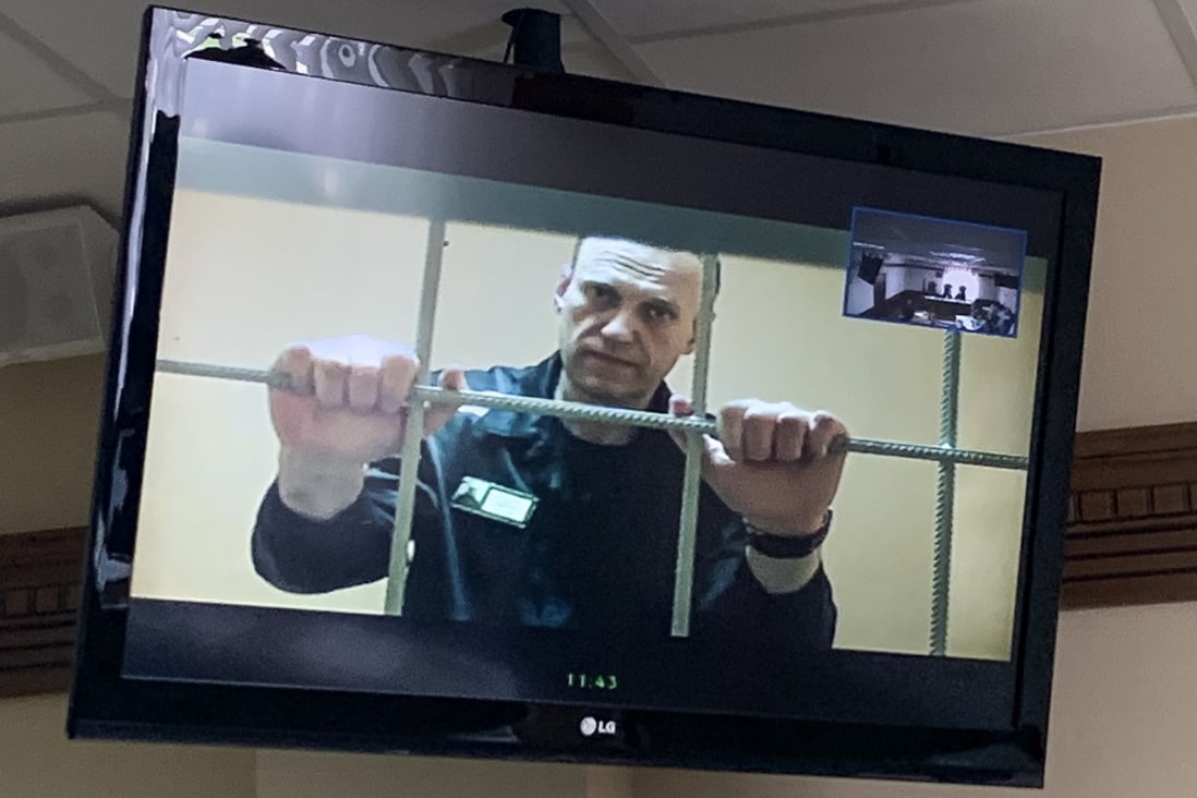 Russian opposition leader Alexei Navalny appears from prison via video link at a courtroom in Vladimir, Russia on June 7. Photo: AP