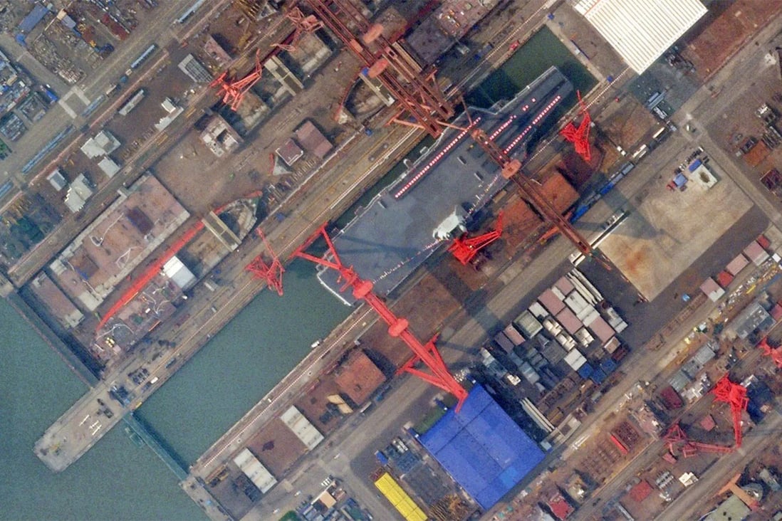 A satellite image of the Jiangnan shipyard in Shanghai, taken on Tuesday, shows the dry dock has been flooded. Photo: Planet Labs