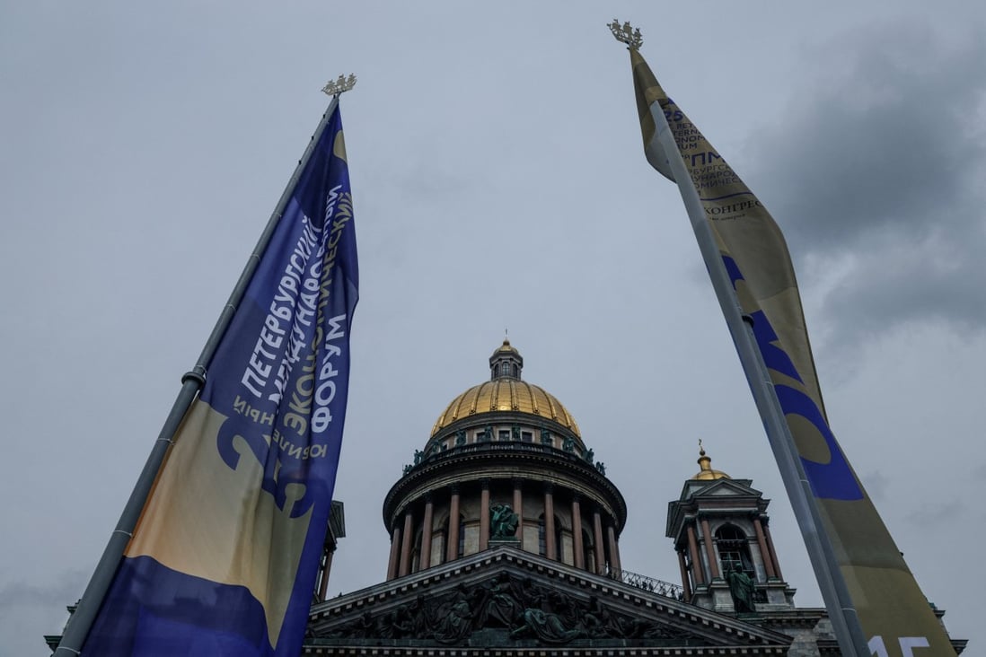 Flags with the St. Petersburg International Economic Forum (SPIEF) logo fly near the St. Isaac’s Cathedral in Saint Petersburg, Russia June 14. Photo: Reuters