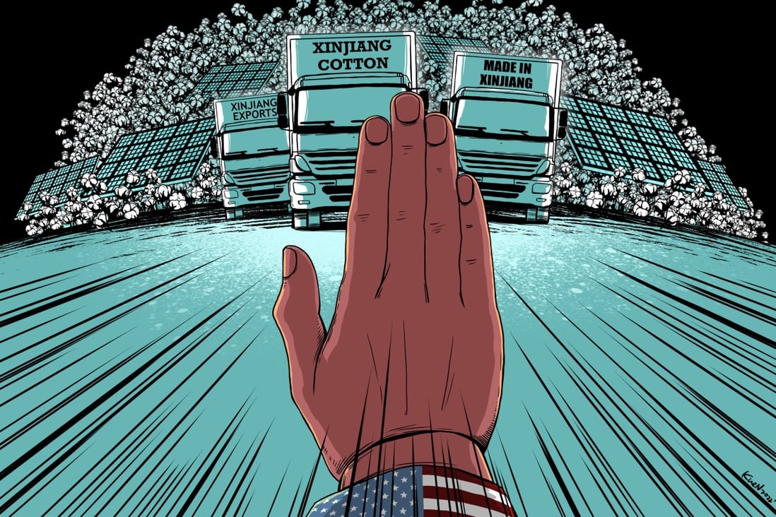Washington’s Uygur Forced Labour Prevention Act is essentially a trade embargo against goods with input from China’s Xinjiang region. Illustration: Lau Ka-kuen