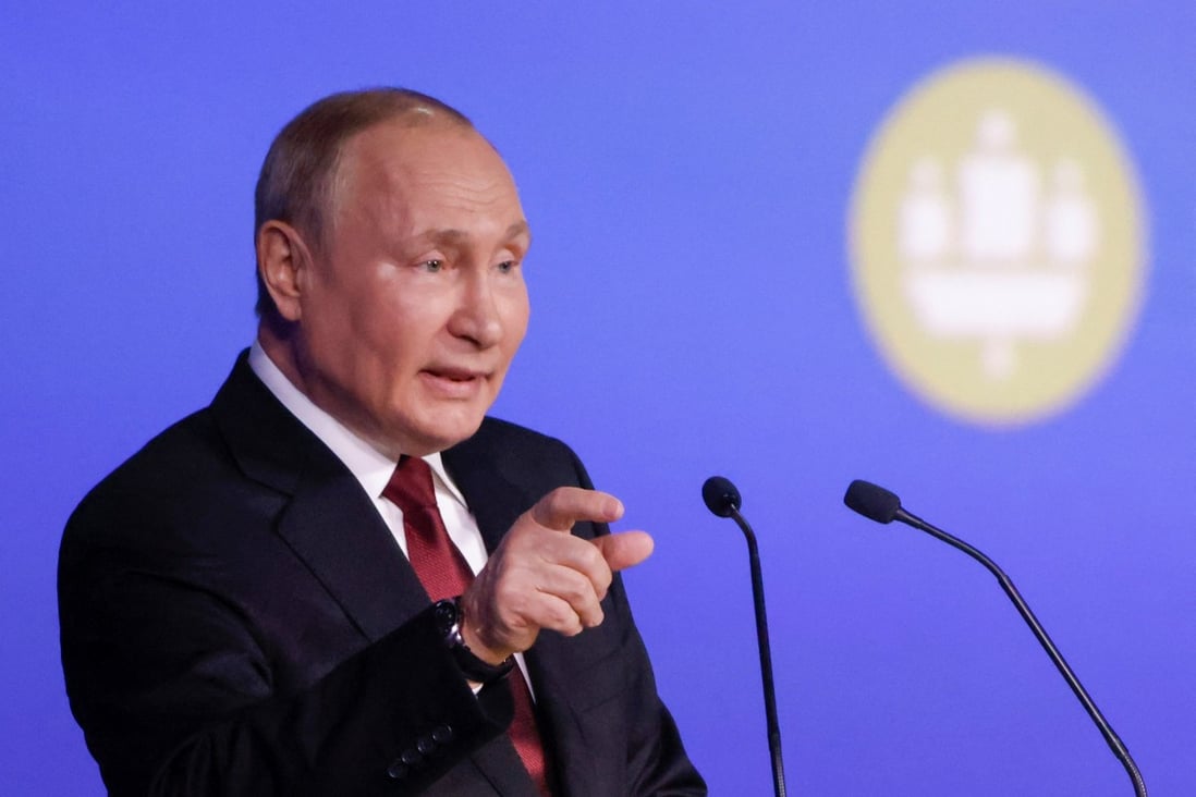 Russian President Vladimir Putin delivers a speech during a session of the St Petersburg International Economic Forum on Friday. Photo: Reuters