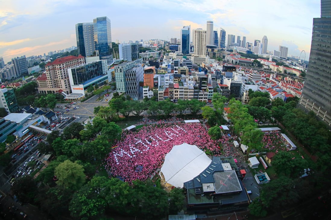 An aerial view of the Pink Dot gay rights rally held in Singapore on Saturday, attended by thousands. ‘Majulah Singapura’ is the nation’s national anthem. Photo: Pink Dot