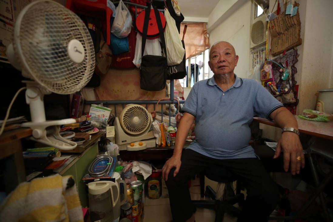 Chan Chuen-bui, 71, in his  subdivided flat in Sham Shui Po. Photo: Edmond So