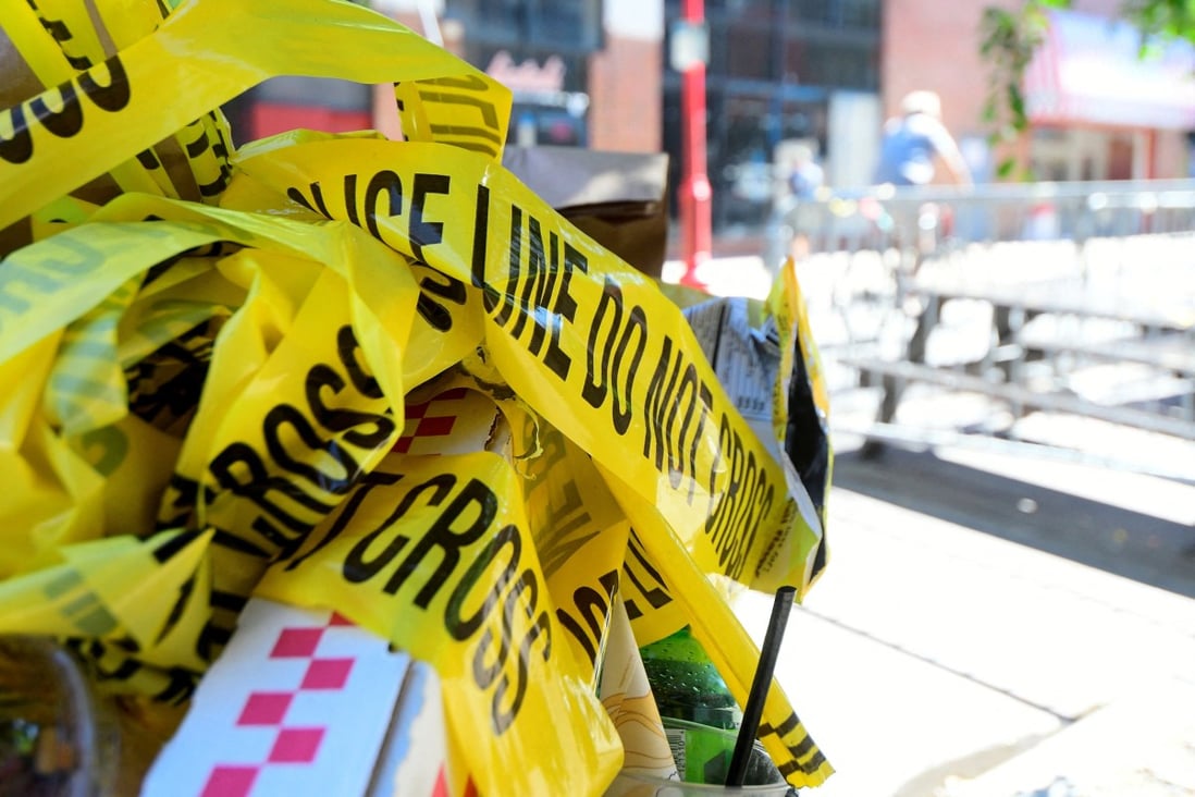 Police tape is seen tied around a trash can near the scene of a deadly shooting in Philadelphia earlier this month. Photo: Reuters