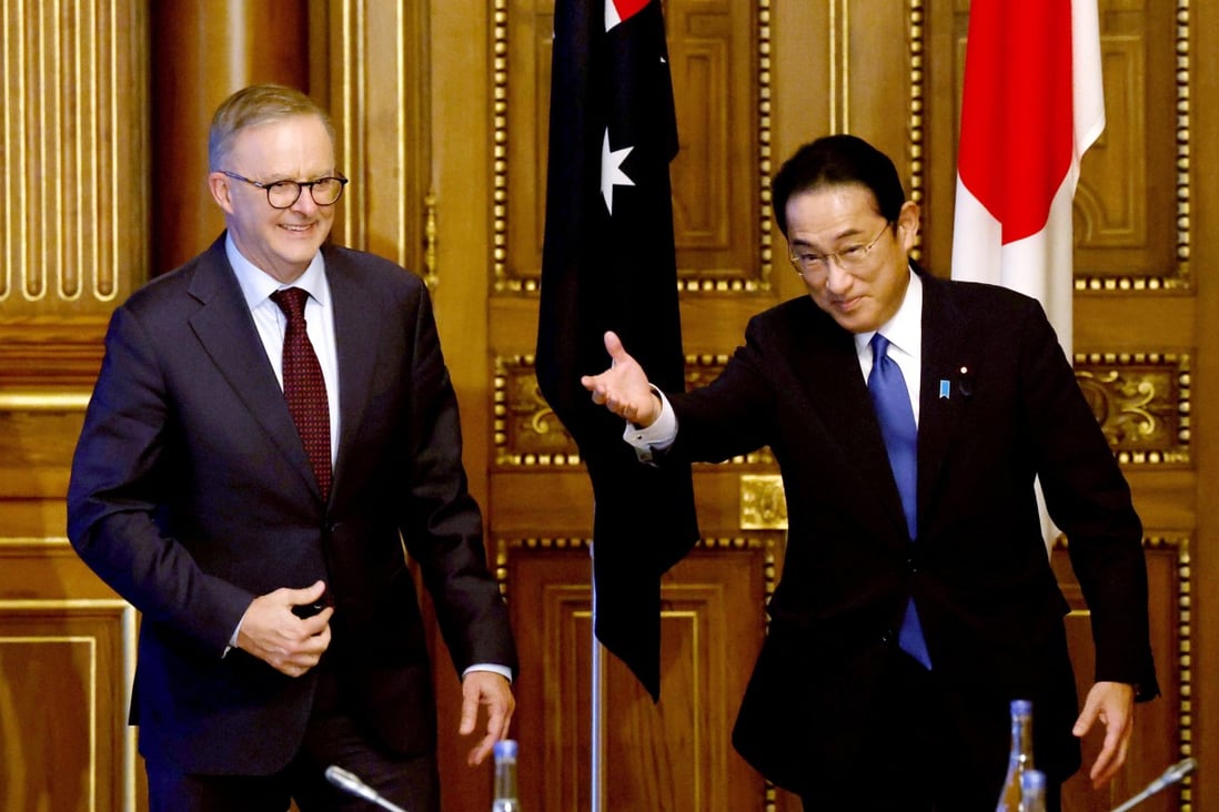 Australian Prime Minister Anthony Albanese is escorted by Japanese Prime Minister Fumio Kishida at the start of their bilateral meeting on the sidelines of last month’s Quad leaders’ summit in Tokyo. Photo: AP