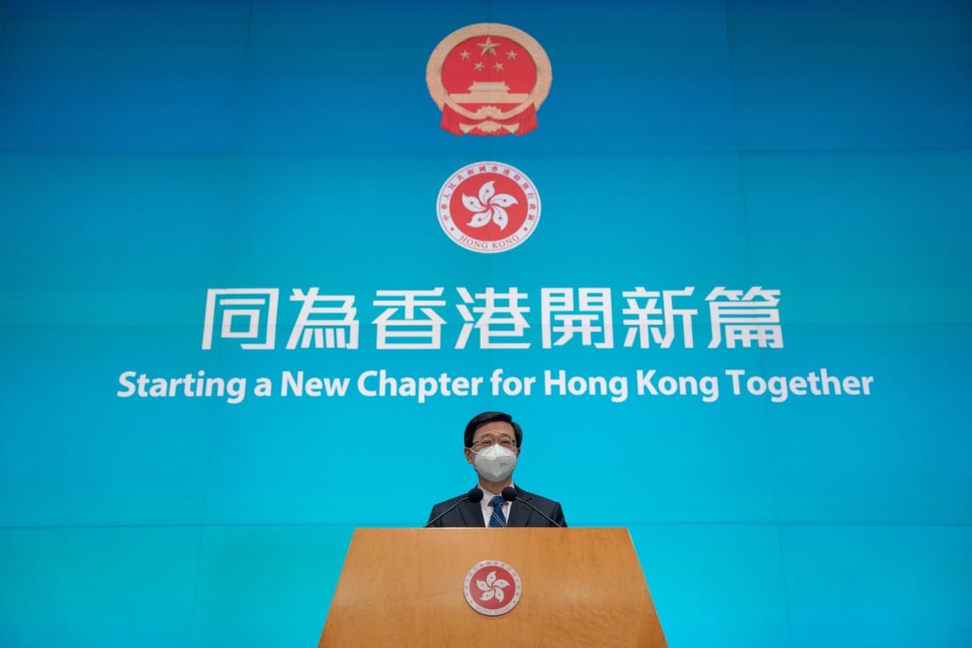 John Lee, Hong Kong’s chief executive-elect, is seen at a news conference in Hong Kong on Sunday. Photo: Bloomberg