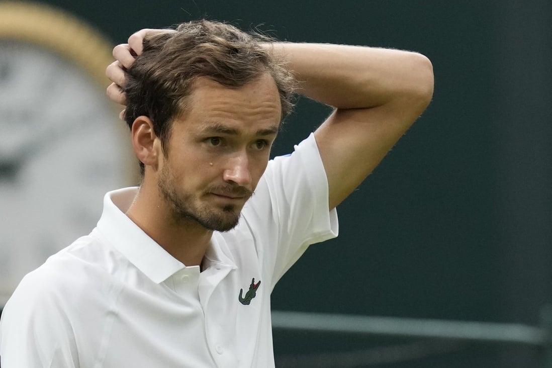 Russia’s Daniil Medvedev competes at the Wimbledon tennis championships on July 6, 2021. The All England Club, which runs Wimbledon, has banned players from Russia and Belarus from competing in this year’s tournament over the war in Ukraine. Photo: AP