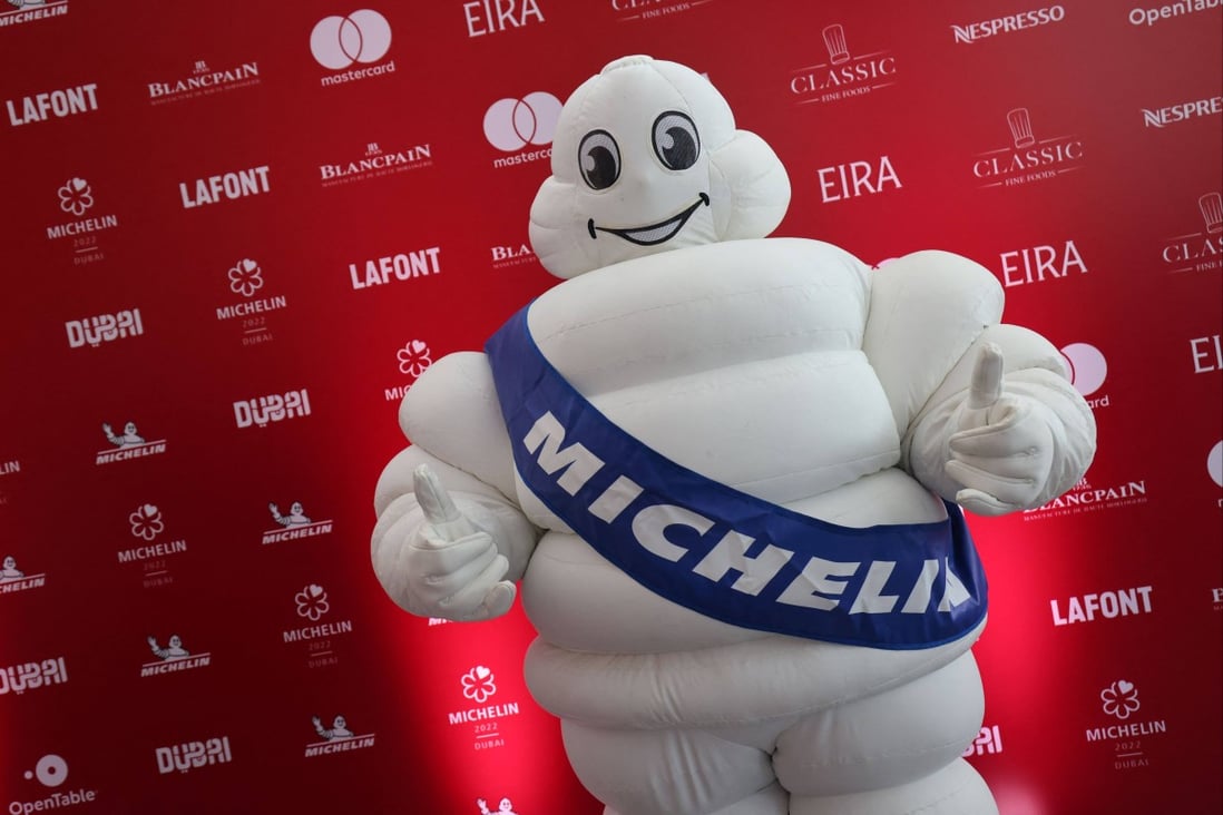 Bibendum, or the Michelin Man, at a ceremony revealing the 2022 selection of the Michelin Guide Dubai, the first edition in the United Arab Emirates, on June 21, 2022. Photo: AFP