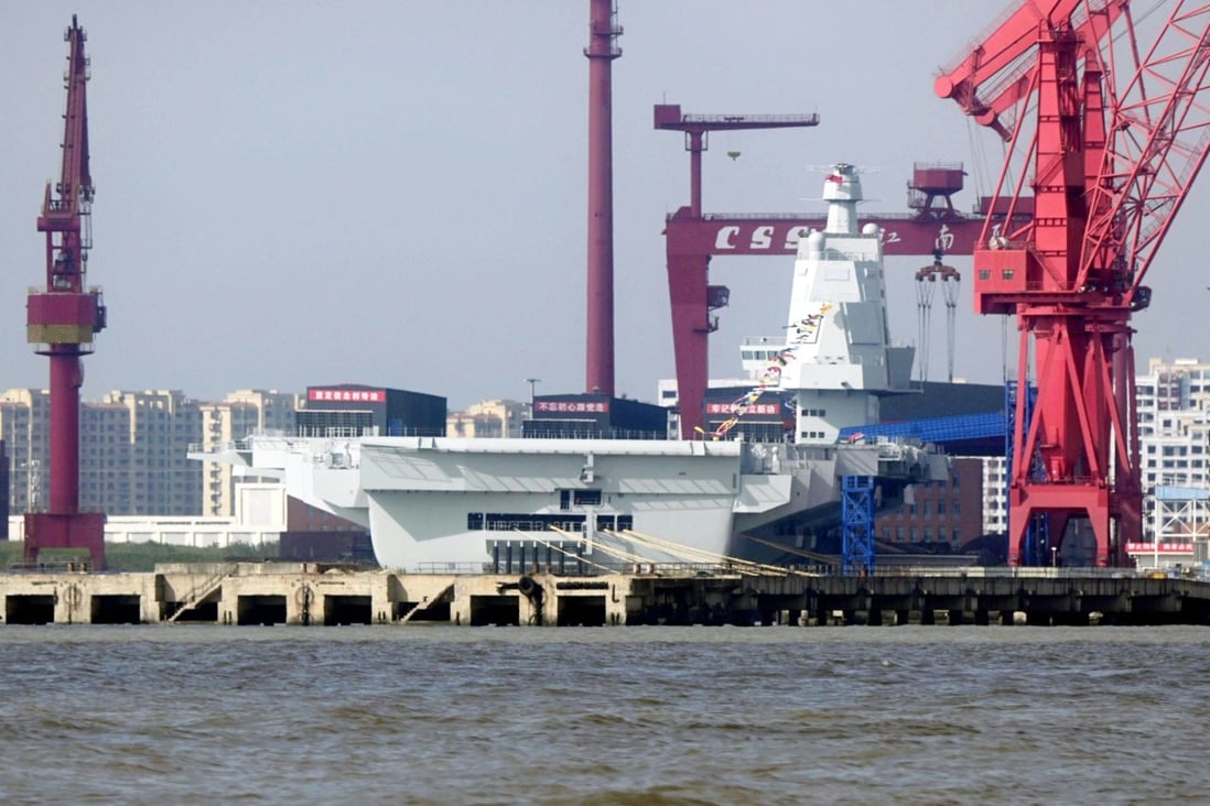 Photo taken on Saturday in Shanghai shows China’s third aircraft carrier, Fujian. Photo: Kyodo