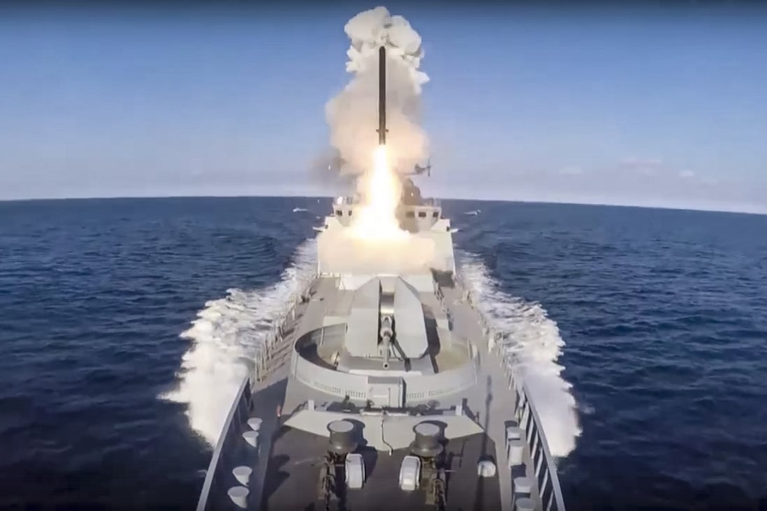 A frigate from Russia’s Black Sea Fleet launches a cruise missile at ground targets at an undisclosed location in Ukraine, in an image released on Sunday. Ukrainian forces say Moscow’s fleet still dominates the area. Photo: Russian Defence Ministry Press Service via AP