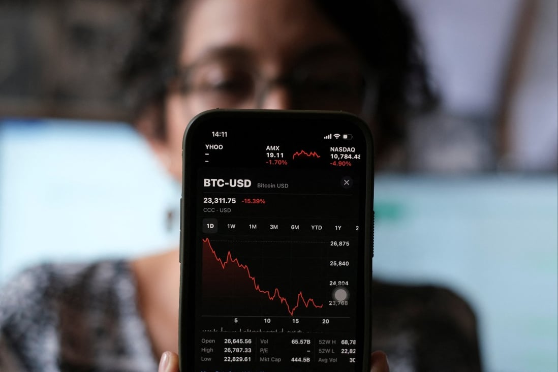A woman shows a stock graph on her smartphone, with the price of bitcoin in relation to the US dollar in San Salvador, El Salvador, on July 13, 2022. Photo: Reuters