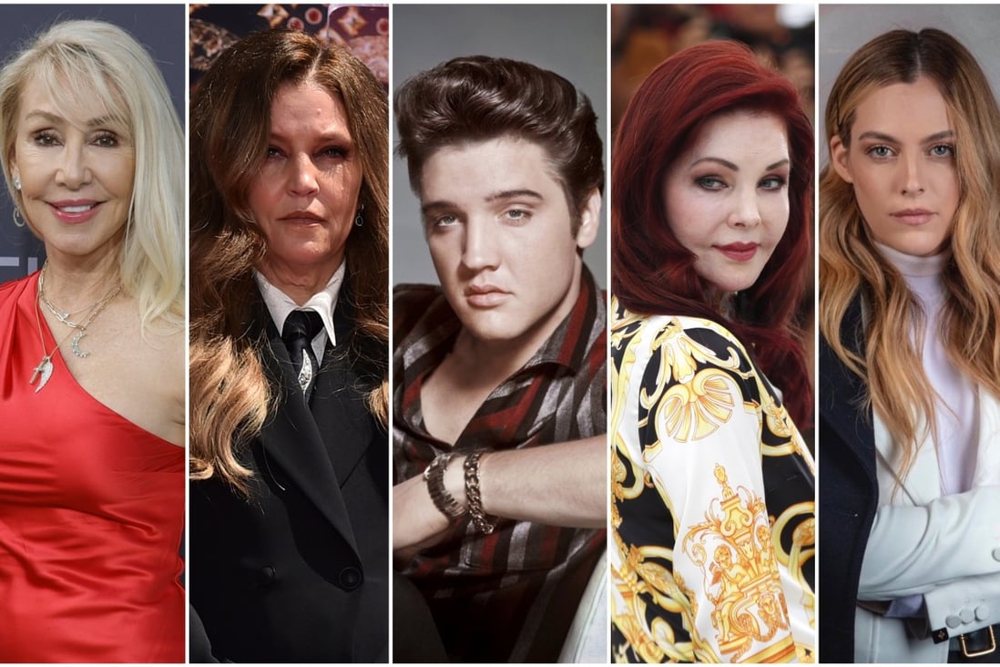 Elvis Presley and family: Linda Thompson, Lisa Marie Presley, the King himself, Priscilla Presley and Riley Keough. Photos: AP; Getty; Handout; @rileykeough/Instagram 