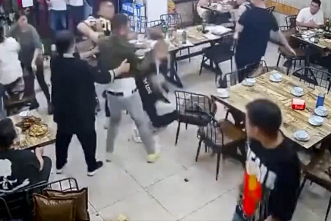 Surveillance video shows a group attack on women in the northern Chinese city of Tangshan on June 10. The assault sparked widespread outrage and spurred the city to launch a “lightning blitz” campaign against gangs. Photo: Weibo