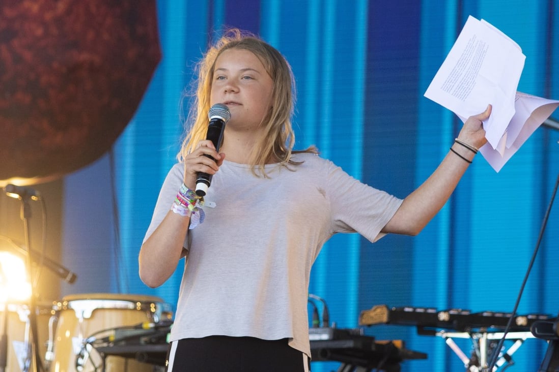 Swedish climate activist Greta Thunberg makes a speech on the Pyramid Stage at Glastonbury Festival in the UK on Saturday. Photo: EPA-EFE