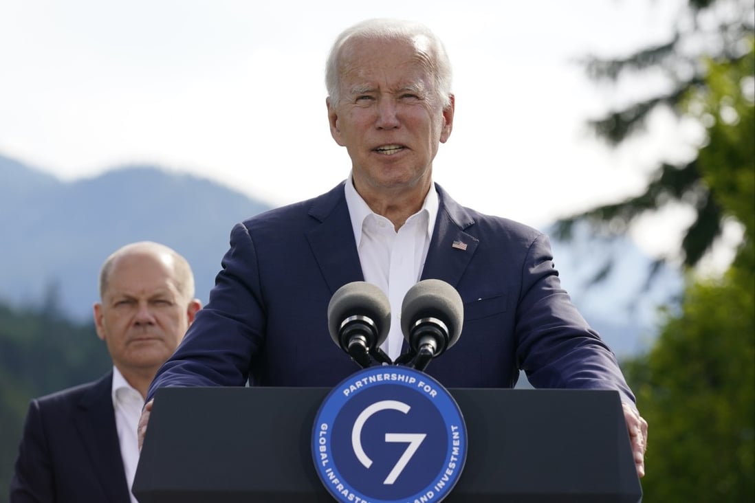 US President Joe Biden formally launches the Partnership for Global Infrastructure and Investment at the G7 summit in Elmau, Germany, on Sunday, as German Chancellor Olaf Scholz listens. Photo: AP