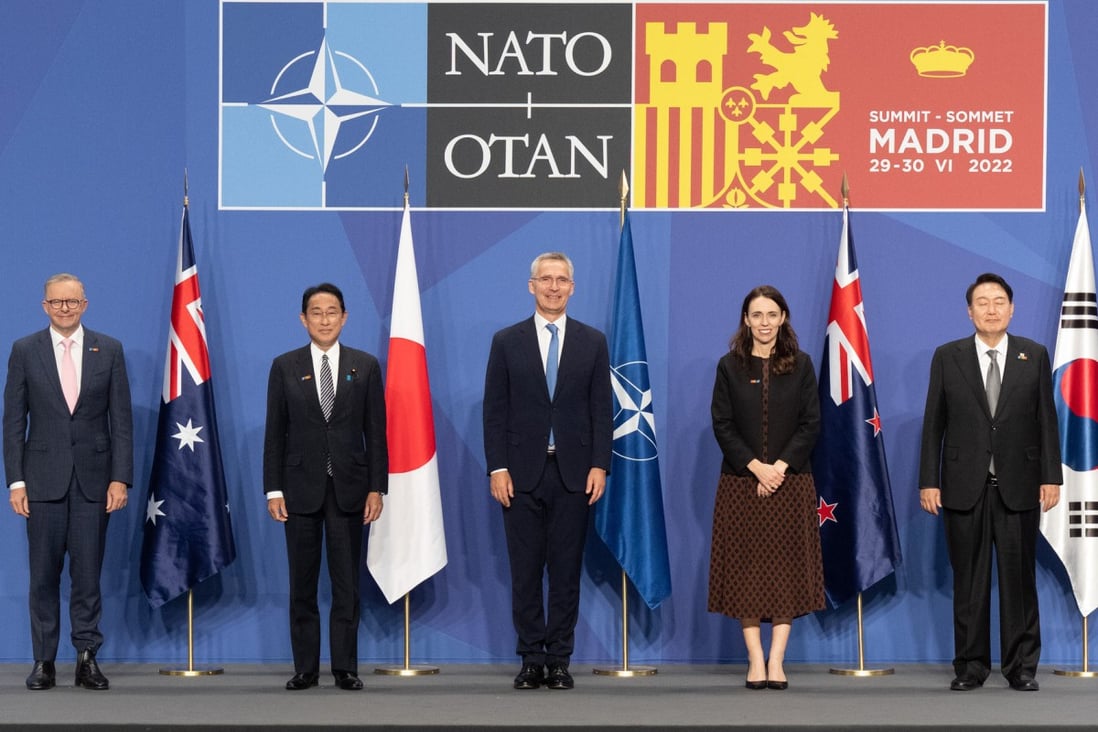 From left, Australian Prime Minister Anthony Albanese, Japanese Prime Minister Fumio Kishida, Nato Secretary General Jens Stoltenberg, New Zealand Prime Minister Jacinda Ardern and South Korean President Yoon Suk-yeol pose for a photo of “Indo-Pacific partners” at the Nato summit in Madrid. Photo: Nato/dpa 