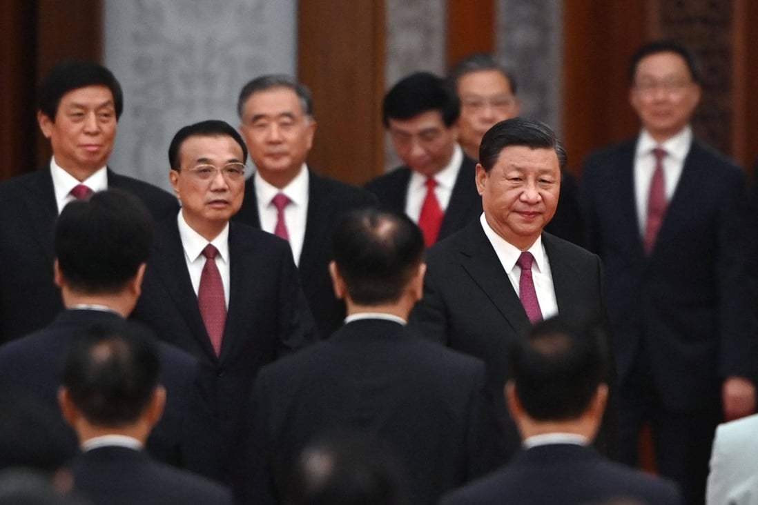 President Xi Jinping (right) arrives with Premier Li Keqiang (left) and members of the Politburo Standing Committee for a reception at the Great Hall of the People on September 30, 2021. A new leadership team will be announced at the party congress in the second half of 2022. Photo: AFP